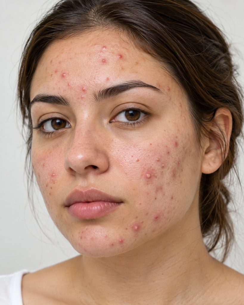 Rosto de jovem com acne inflamatória na testa e nas bochechas, tratamento realizado na Clínica AzulayZanella em Joinville