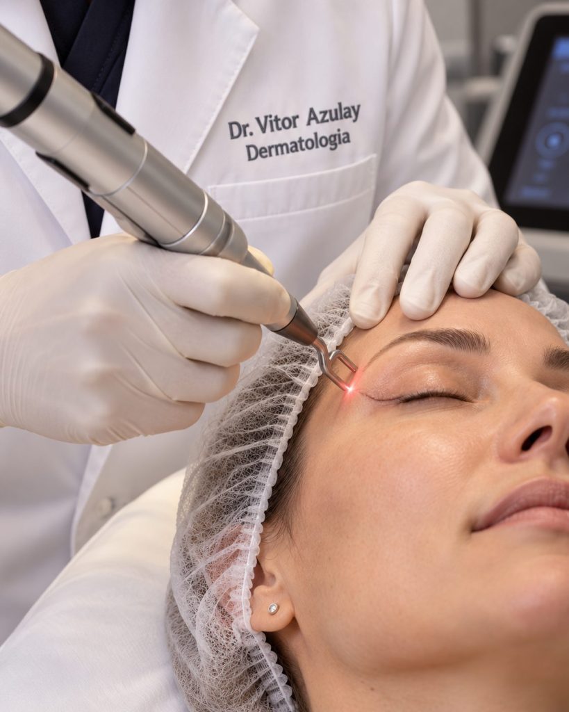 Dr. Vitor Azulay aplicando laser na pálpebra de uma paciente durante blefaroplastia a laser, na Clínica AzulayZanella em Joinville