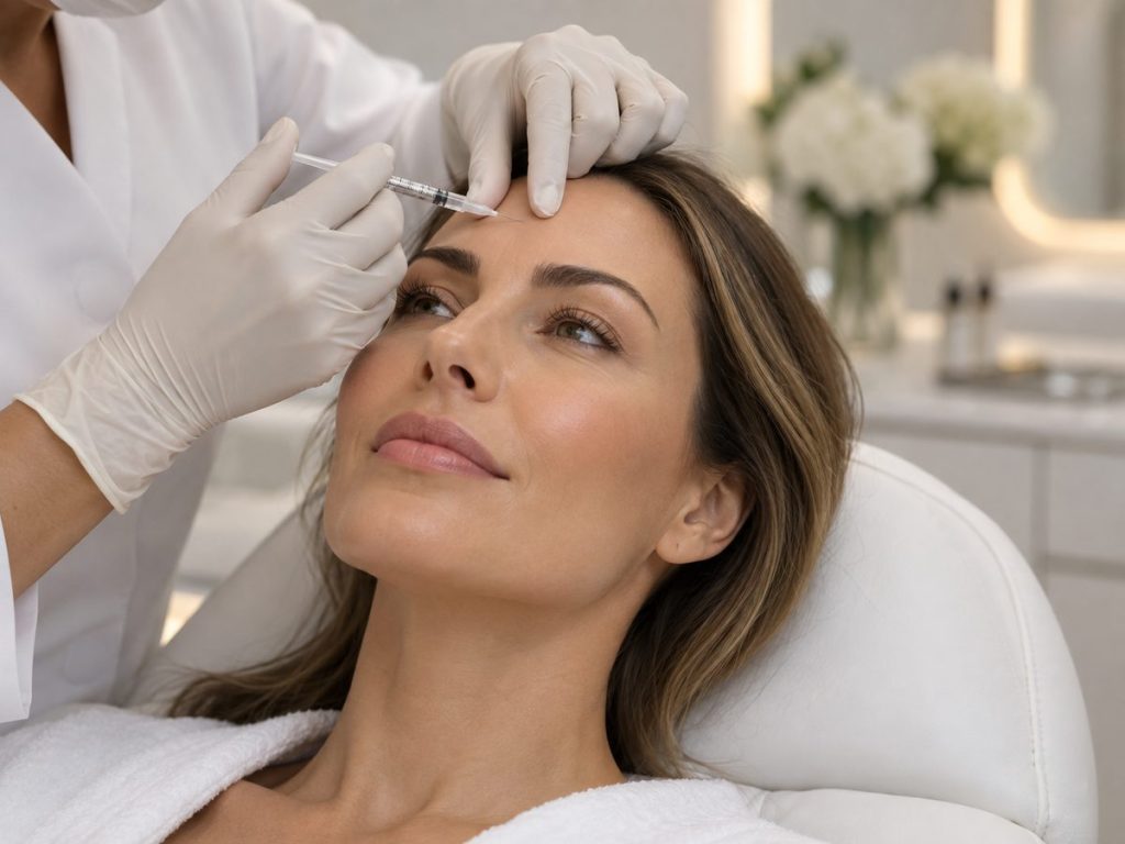 Aplicação de botox na testa de uma paciente, feita por médica com luvas, na Clínica AzulayZanella em Joinville