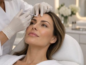 Aplicação de botox na testa de uma paciente, feita por médica com luvas, na Clínica AzulayZanella em Joinville