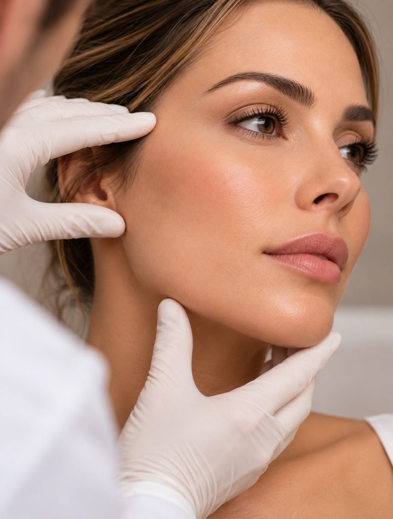 Médico com luvas avaliando o rosto de uma paciente antes de um plano de harmonização facial, na Clínica AzulayZanella em Joinville
