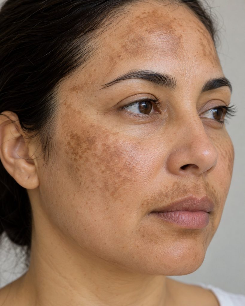 Rosto de mulher com manchas de melasma na testa, na maçã do rosto e no buço, atendida na Clínica AzulayZanella em Joinville