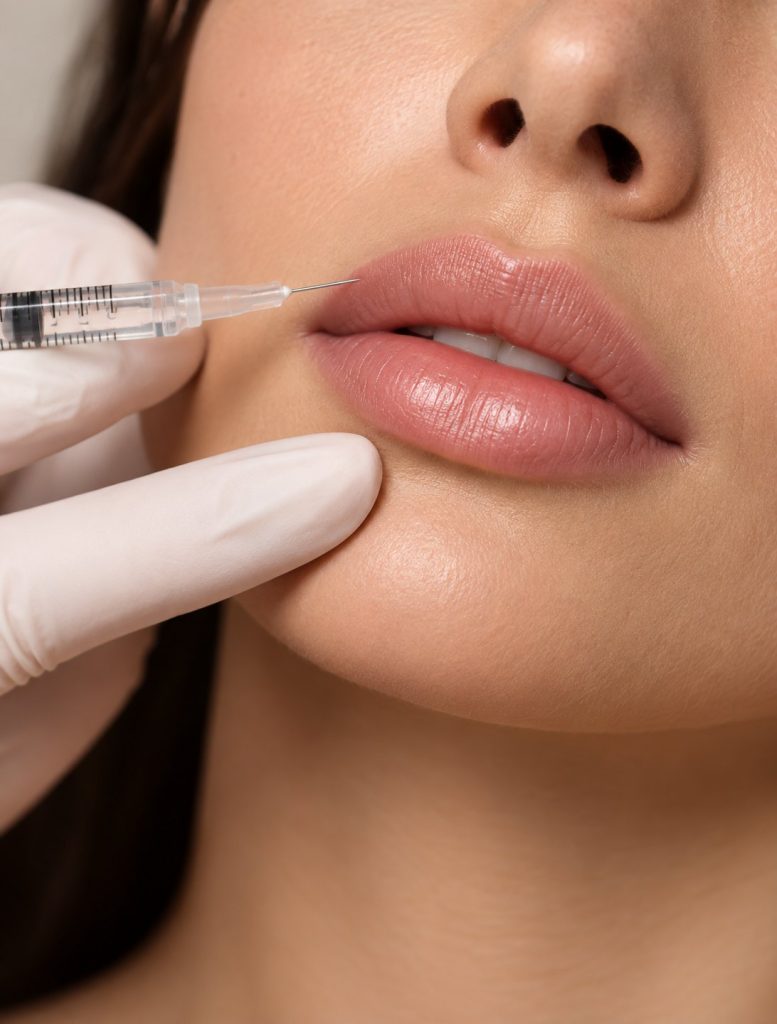 Aplicação de preenchimento labial com ácido hialurônico, feita por médico com luvas, na Clínica AzulayZanella em Joinville